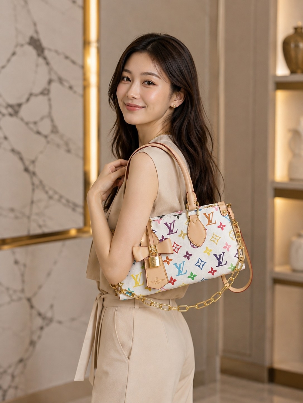 LV White Multicolor Monogram Shoulder Bag with Cream Trim
